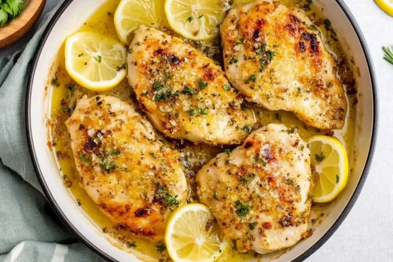 Golden crispy chicken breasts in lemon butter sauce — a delicious and easy Lemon Chicken Recipe served in a white skillet.