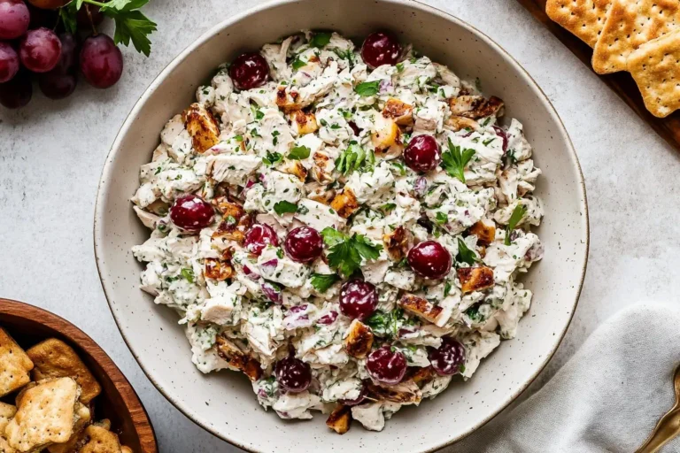 Bowl of creamy Chicken Salad with Grapes garnished with parsley