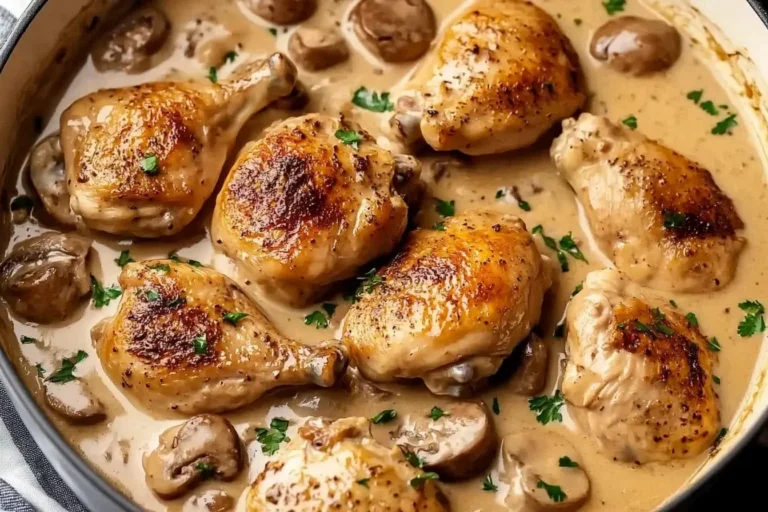 Chicken Fricassée with drumsticks and thighs simmered in a creamy mushroom sauce.