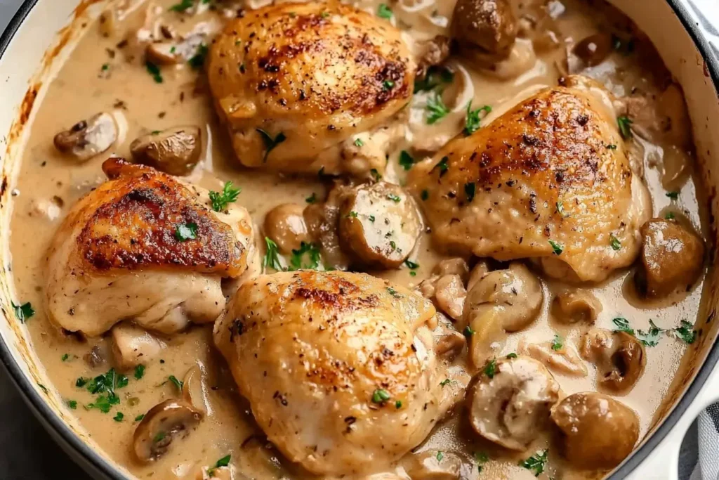 Golden chicken thighs simmering in creamy sauce with mushrooms – classic Chicken Fricassée in a skillet.