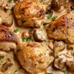 Golden chicken thighs simmering in creamy sauce with mushrooms – classic Chicken Fricassée in a skillet.