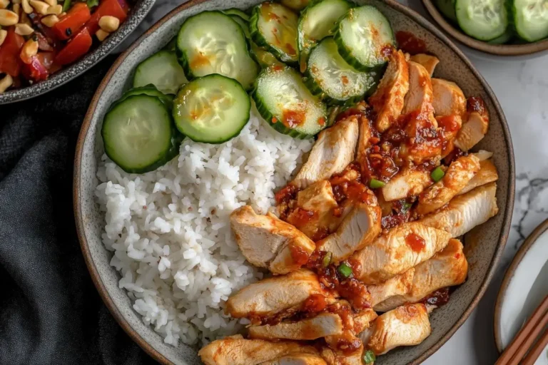 Sweet Chili Rotisserie Chicken Bowls with jasmine rice, spicy chili-glazed chicken, and sliced cucumbers in a rustic ceramic bowl.