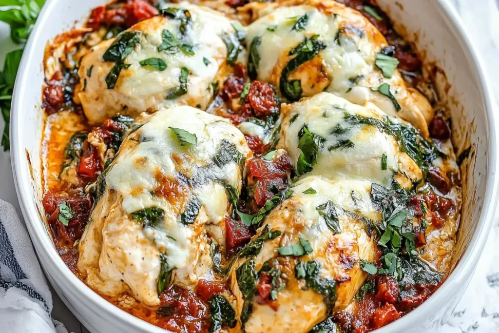 Baked Tuscan Chicken Casserole with melted cheese, spinach, and sun-dried tomatoes in a white dish.