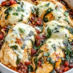 Baked Tuscan Chicken Casserole with melted cheese, spinach, and sun-dried tomatoes in a white dish.
