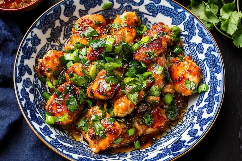 Scallion Chicken served in a blue and white patterned bowl, garnished with fresh scallions and herbs.
