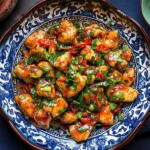 Scallion Chicken with red chili slices and herbs in a decorative blue and white bowl.