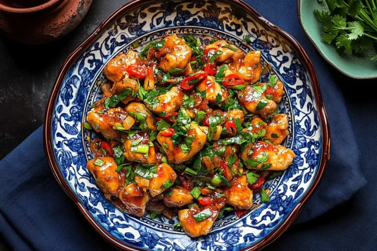 Scallion Chicken with red chili slices and herbs in a decorative blue and white bowl.