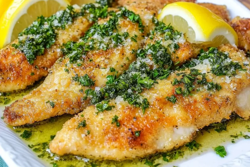 Close-up of crispy Chicken Salmoriglio topped with fresh parsley, garlic, and a lemon-butter sauce.