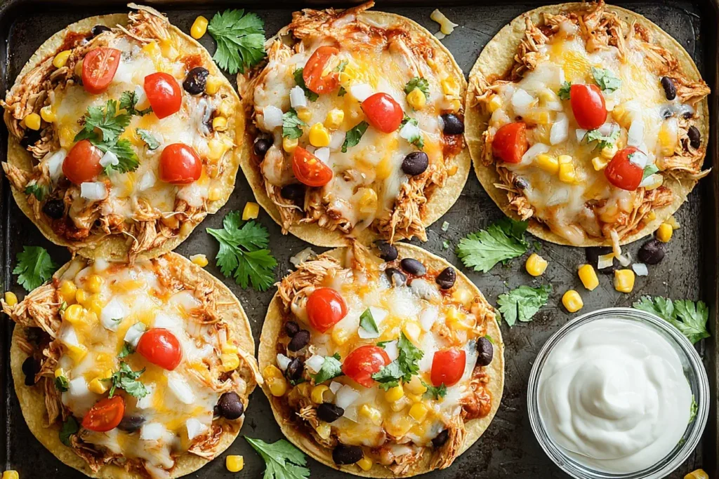 Mexican Rotisserie Chicken Tostadas topped with melted cheese, black beans, corn, tomatoes, and fresh cilantro on a baking sheet with sour cream.
