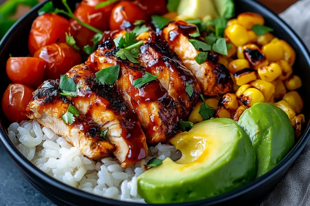 Grilled honey chipotle chicken served over rice with avocado, corn, cherry tomatoes, and fresh cilantro – Honey Chipotle Chicken Rice Bowl.