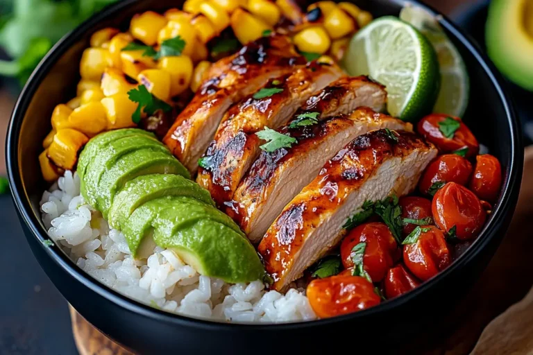 Honey Chipotle Chicken Rice Bowl with grilled chicken breast, sliced avocado, roasted corn, cherry tomatoes, and lime on white rice.