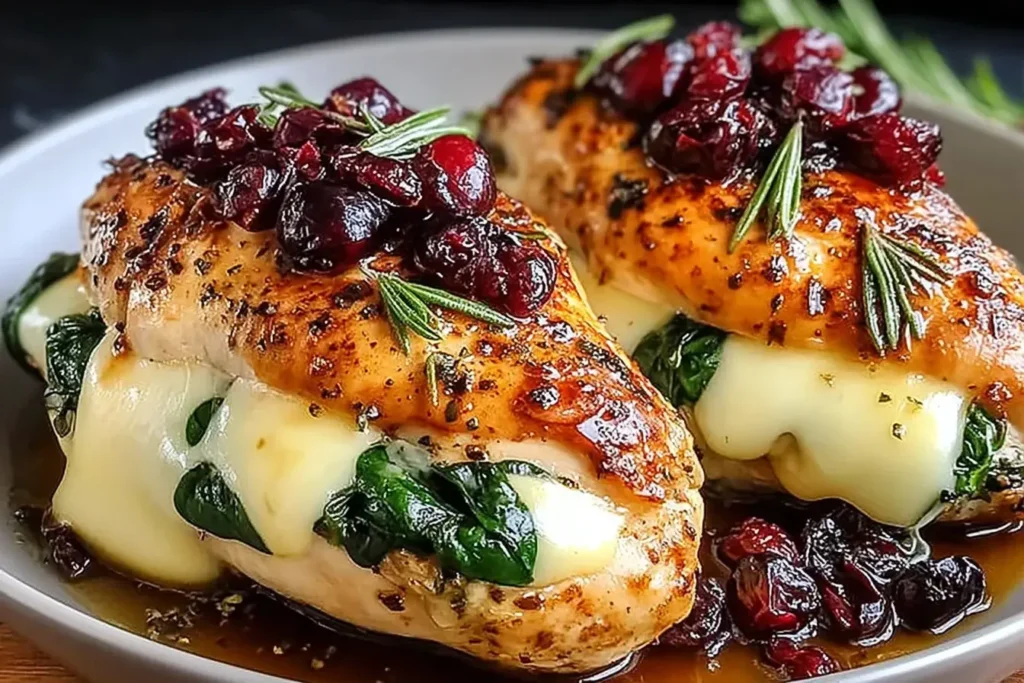 Close-up of Cranberry and Spinach Stuffed Chicken Breasts with Brie topped with rosemary and cranberries on a white plate.