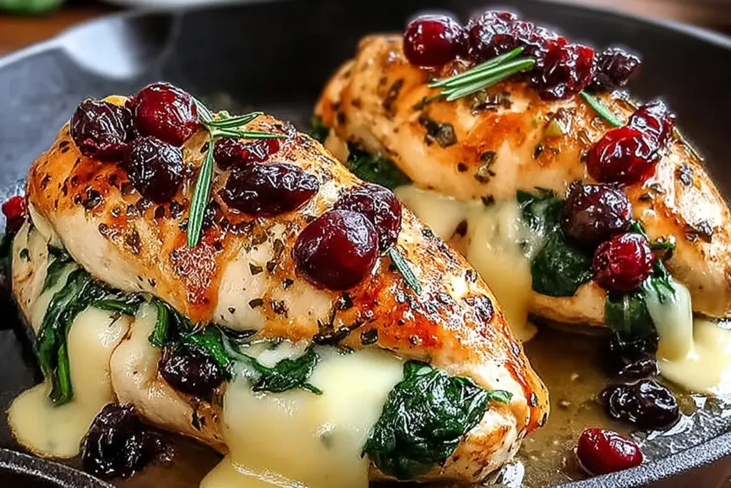 Cranberry and Spinach Stuffed Chicken Breasts with Brie melting and garnished with rosemary and cranberries in a skillet.