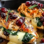 Cranberry and Spinach Stuffed Chicken Breasts with Brie melting and garnished with rosemary and cranberries in a skillet.