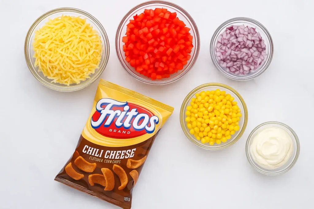 Ingredients for Fritos Chili Cheese Salad displayed in bowls: shredded cheddar cheese, diced red bell peppers, chopped purple onion, corn, mayonnaise, and a bag of chili cheese Fritos.