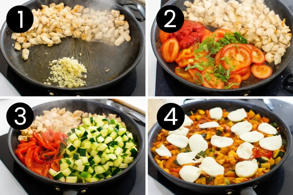 Step-by-step photos showing how to make Caprese Chicken Zucchini Skillet with chicken, garlic, tomatoes, zucchini, and melted mozzarella in a skillet.