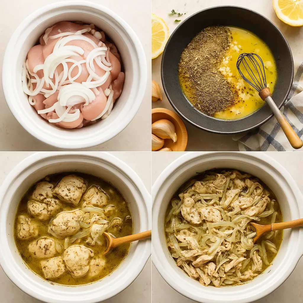 Slow Cooker Greek Chicken preparation steps with raw chicken and onions, herb lemon sauce, cooking process, and shredded chicken in the slow cooker.