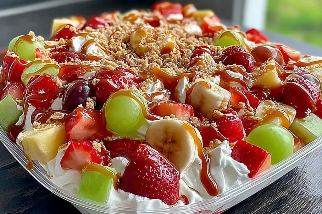 Close-up of vibrant Cheesecake Fruit Salad with strawberries, bananas, grapes, pineapple, caramel drizzle, and crunchy topping.