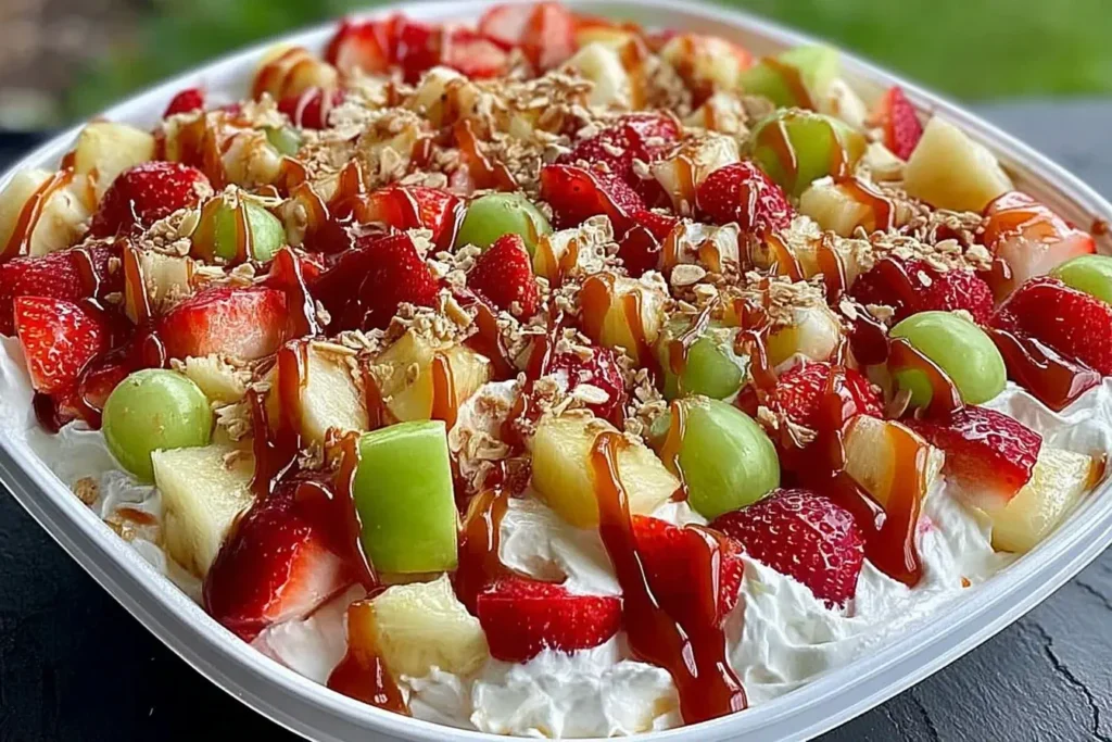 Colorful bowl of Cheesecake Fruit Salad topped with strawberries, green grapes, pineapple, caramel drizzle, and crunchy granola.