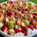 Colorful bowl of Cheesecake Fruit Salad topped with strawberries, green grapes, pineapple, caramel drizzle, and crunchy granola.