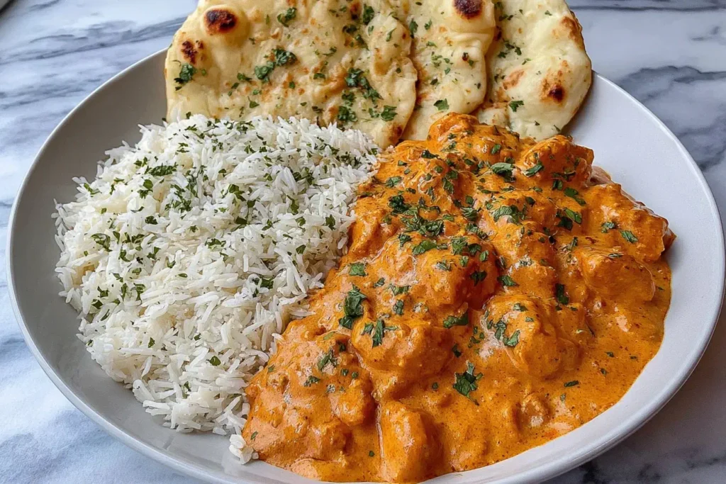 Plate of creamy homemade butter chicken served with fluffy white rice and naan bread.