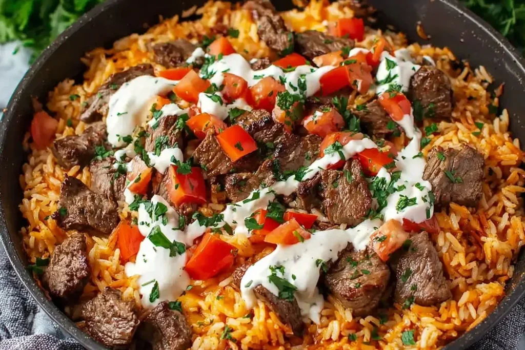 Steak Queso Rice skillet with juicy steak bites, queso sauce, and fresh diced tomatoes over seasoned rice