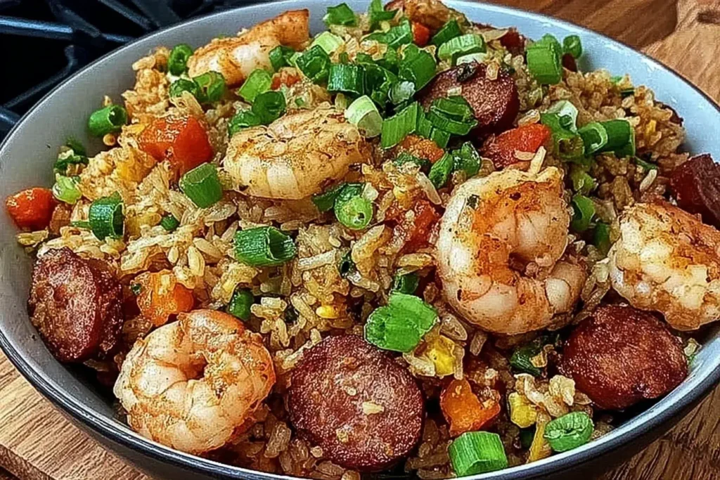 Shrimp Sausage Dirty Rice in a bowl with plump shrimp, sliced sausage, colorful veggies, and green onions.