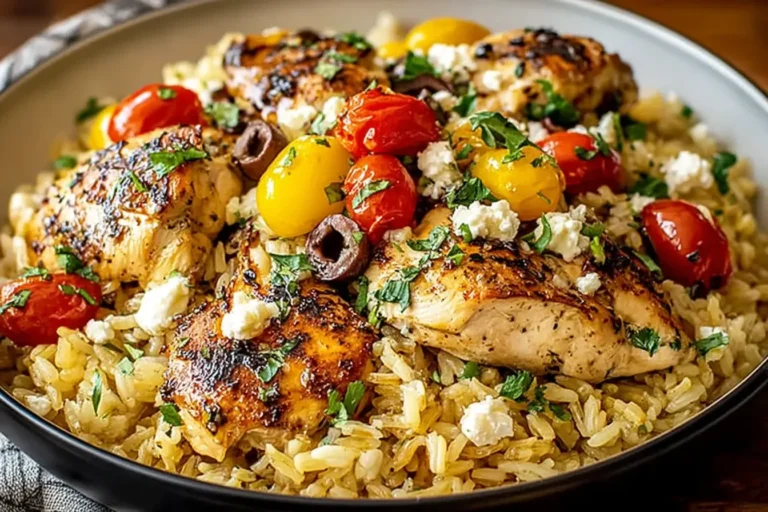 Mediterranean Chicken and Rice Bowl topped with grilled chicken, tomatoes, olives, feta, and fresh herbs