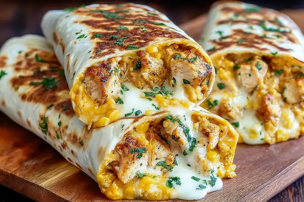 Ooey-Gooey Cheesy Garlic Chicken Wraps cut open to reveal melted cheese and tender chicken filling.