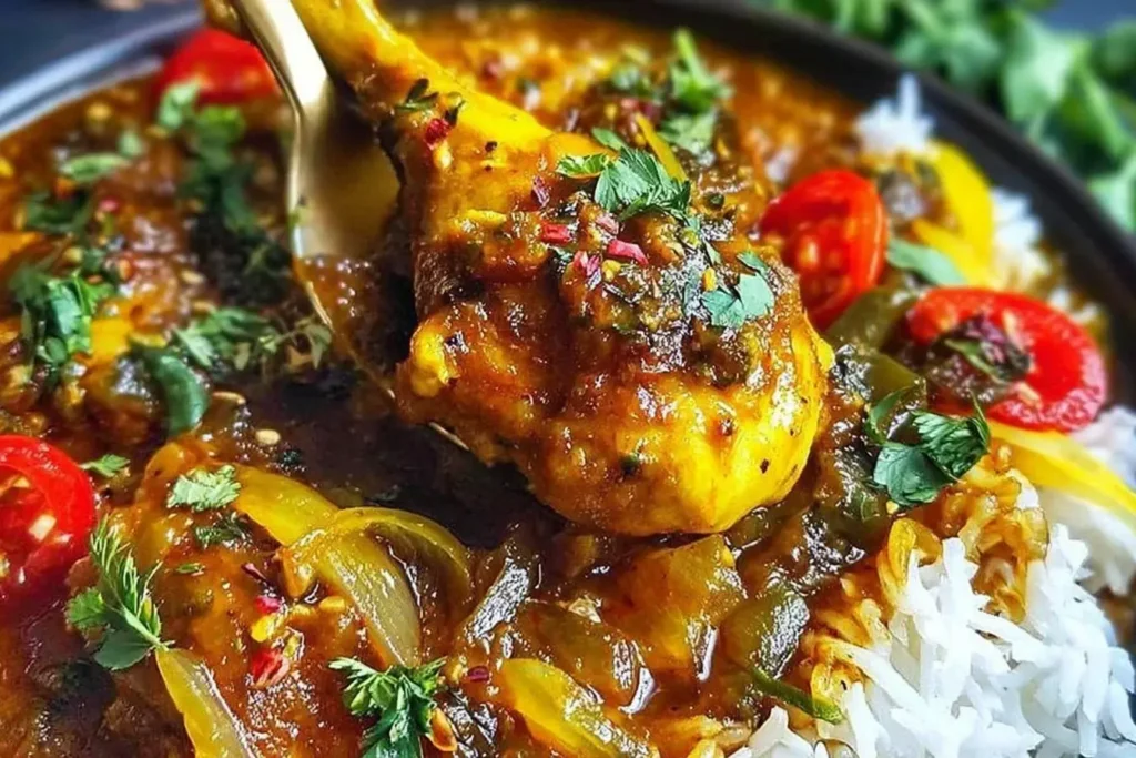 A close-up of Persian Chicken drumstick in a rich, spiced sauce with herbs and rice.