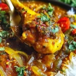 A close-up of Persian Chicken drumstick in a rich, spiced sauce with herbs and rice.