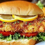 Crispy Lemon Pepper Chicken Sandwich with golden breaded chicken, fresh lettuce, tomato, and lemon slices in a toasted bun.
