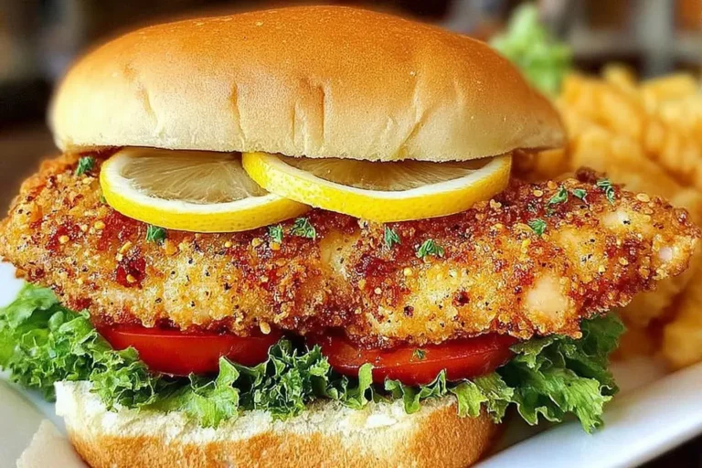 Crispy Lemon Pepper Chicken Sandwich with golden breaded chicken, fresh lettuce, tomato, and lemon slices in a toasted bun.