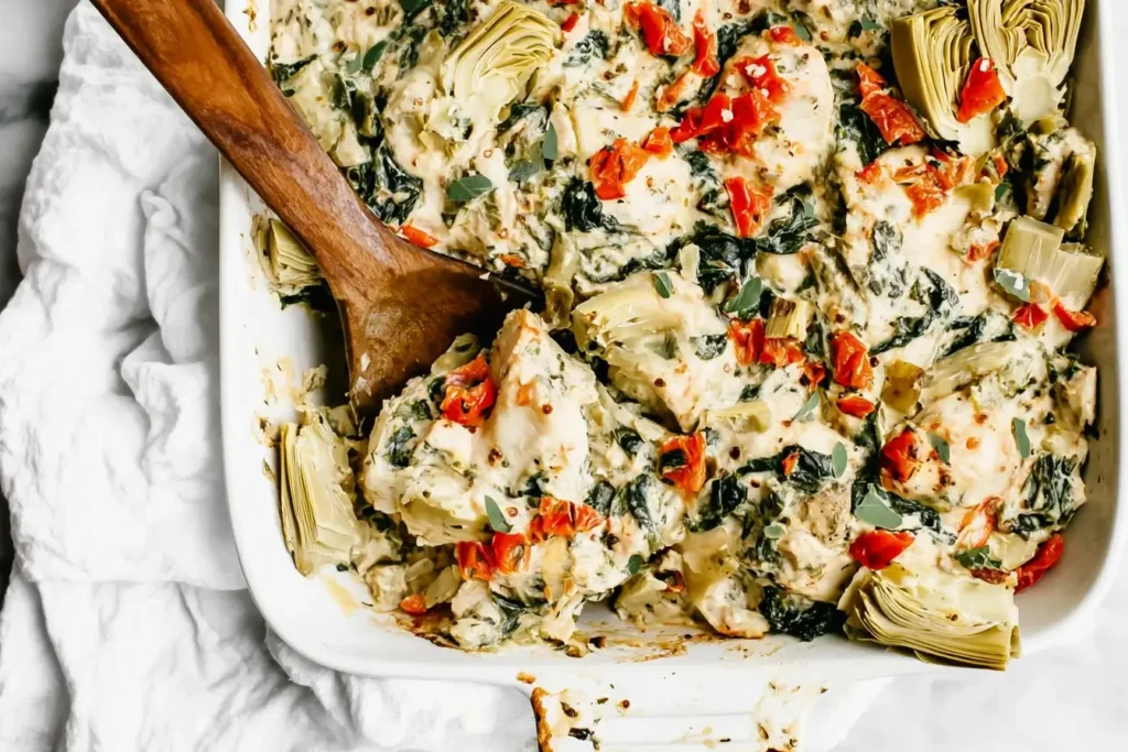 Spinach Artichoke Chicken Bake in a white baking dish with creamy sauce, artichoke hearts, spinach, and red peppers