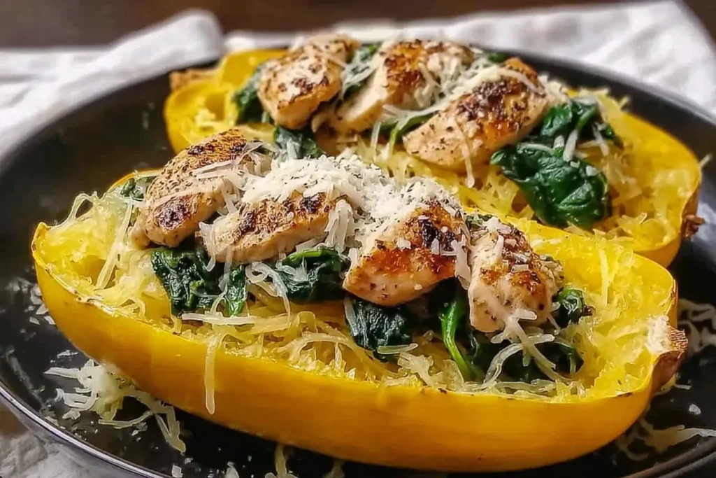 Chicken Parmesan Stuffed Spaghetti Squash with sautéed spinach, grilled chicken, and shredded parmesan cheese served in roasted squash halves.