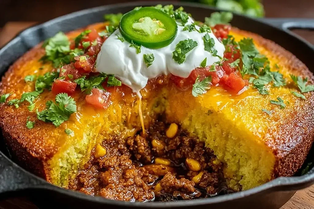 Texas Tamale Pie in a skillet topped with sour cream, salsa, cilantro, and jalapeño, showing a rich beef filling under a golden cornbread crust.