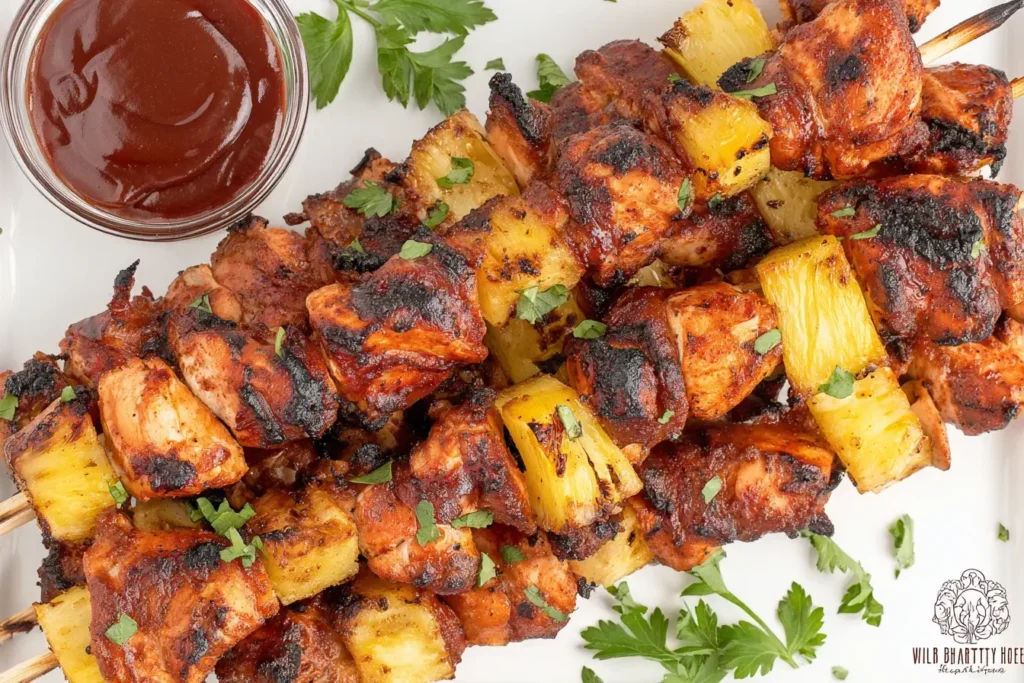 BBQ Chicken Bacon Pineapple Kabobs with juicy grilled chicken, crispy bacon, and caramelized pineapple served with BBQ sauce.