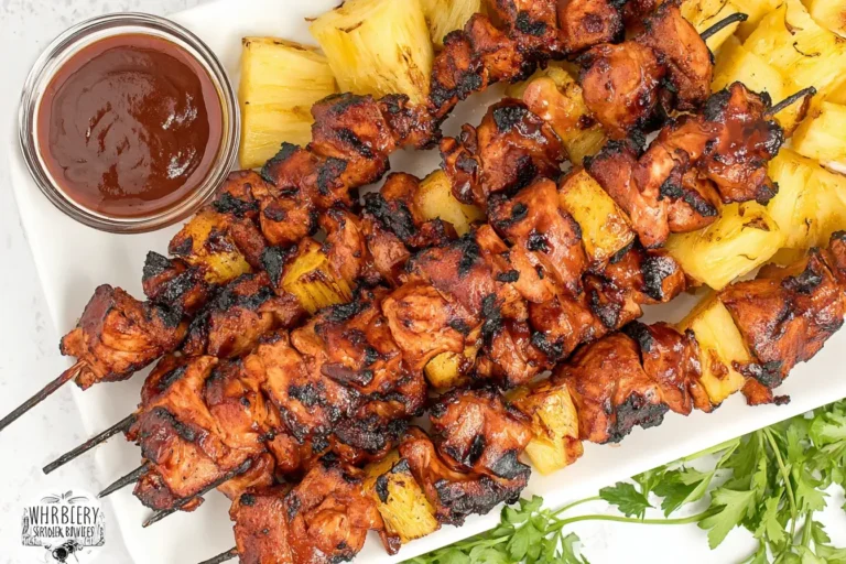BBQ Chicken Bacon Pineapple Kabobs grilled to perfection with juicy chicken, crispy bacon, and sweet pineapple chunks.