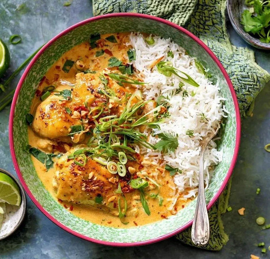 One Pan Coconut Lime Chicken served with jasmine rice and garnished with scallions and herbs