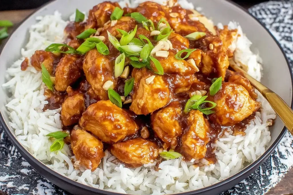 Peanut Butter Chicken served over fluffy white rice, garnished with chopped green onions and peanuts.