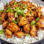 Peanut Butter Chicken served over fluffy white rice, garnished with chopped green onions and peanuts.