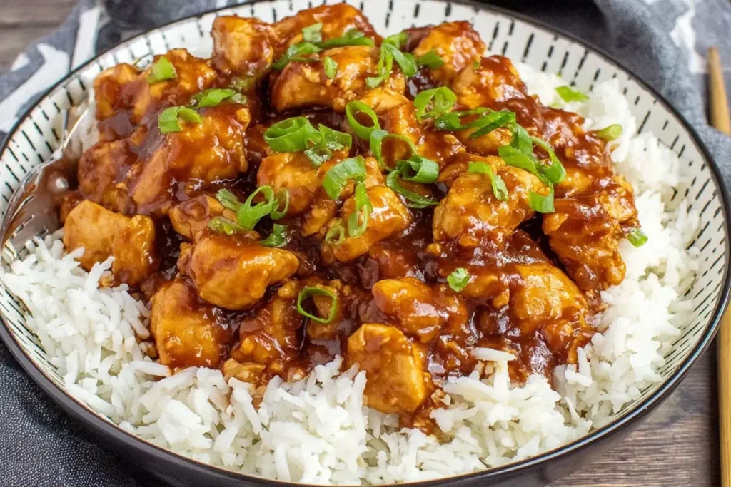 Peanut Butter Chicken in rich sauce served over white rice, topped with fresh sliced green onions.