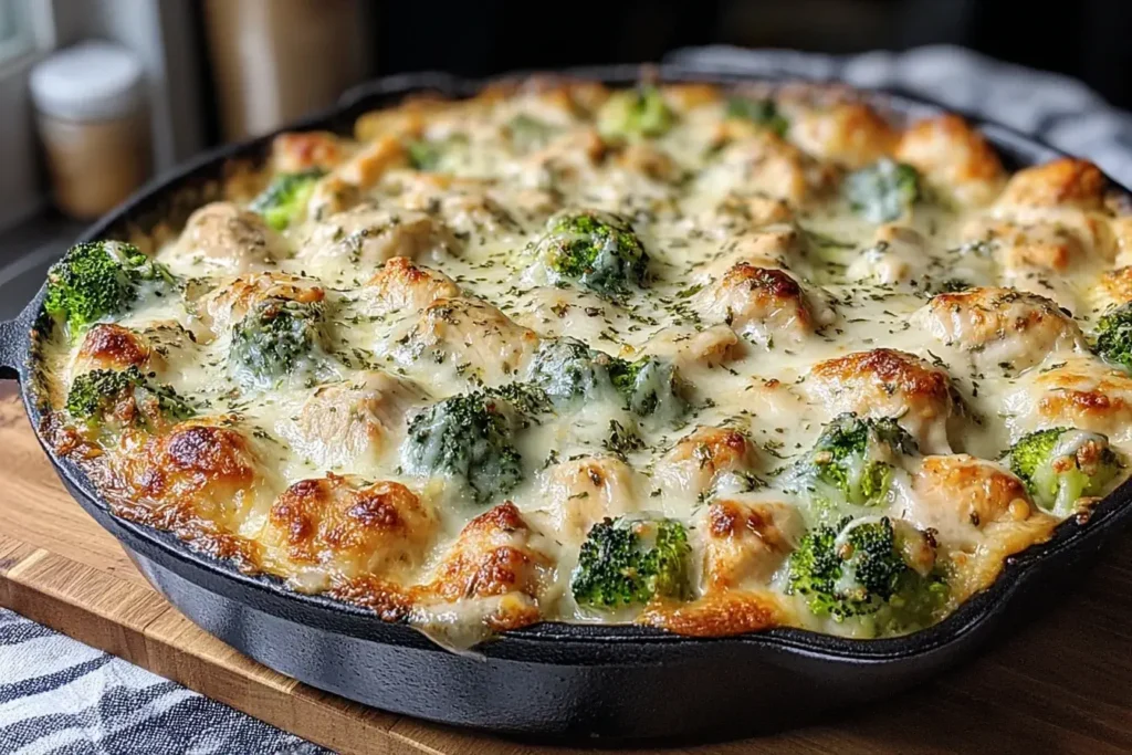 Freshly baked Keto Chicken Alfredo Broccoli Bake in a cast-iron skillet with golden cheese and vibrant broccoli florets.
