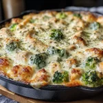 Freshly baked Keto Chicken Alfredo Broccoli Bake in a cast-iron skillet with golden cheese and vibrant broccoli florets.