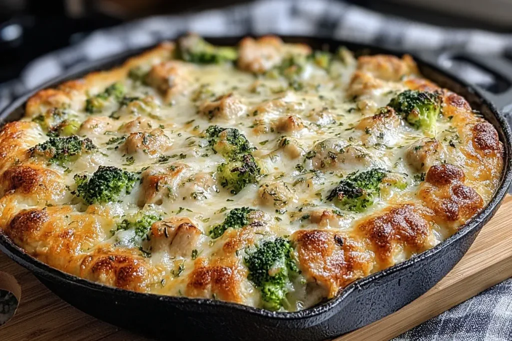 Keto Chicken Alfredo Broccoli Bake bubbling in a cast-iron skillet with golden cheese and vibrant broccoli.