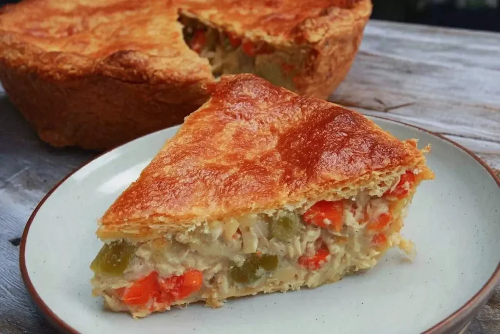 Slice of golden-brown Paula Deen Chicken Pot Pie filled with tender chicken, carrots, peas, and celery in creamy sauce