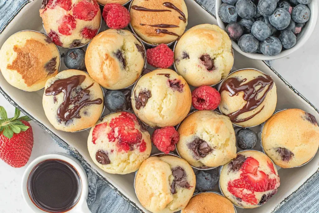 Freshly baked Pancake Mini Muffins with chocolate drizzle, blueberries, raspberries, and strawberries, served with syrup for dipping.