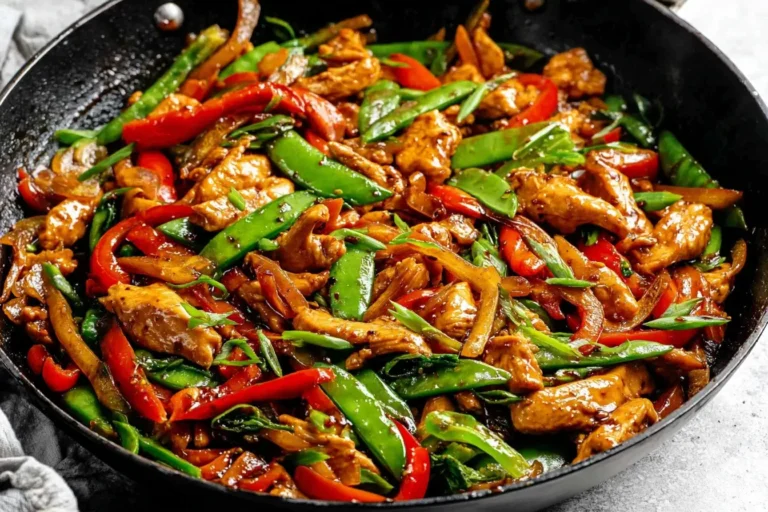 Firecracker Chicken Stir Fry cooking in a skillet with bell peppers, snap peas, and spicy sauce.