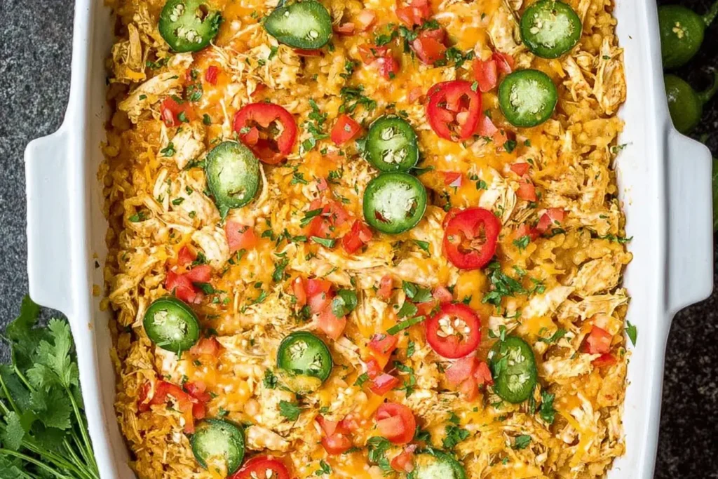 Baked Jalapeño Buffalo Chicken Casserole topped with melted cheese, sliced jalapeños, and fresh diced tomatoes in a white baking dish.