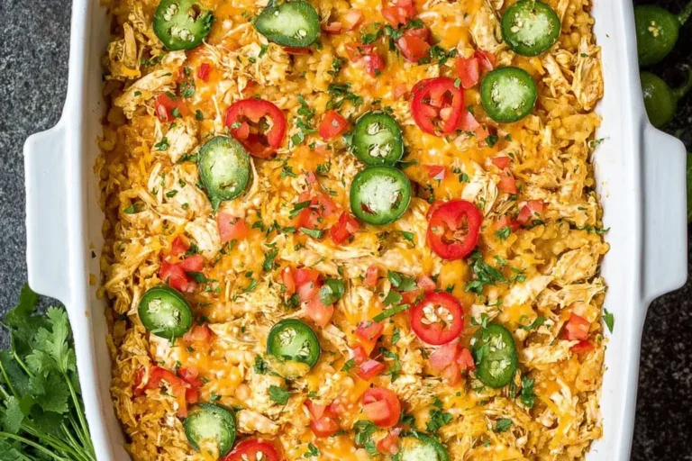 Baked Jalapeño Buffalo Chicken Casserole topped with melted cheese, sliced jalapeños, and fresh diced tomatoes in a white baking dish.